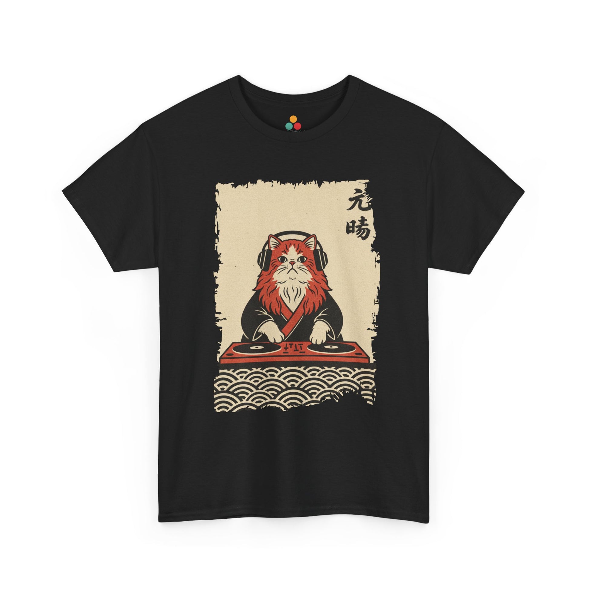 Black vintage Japanese ukiyo-e style DJ cat with turntables and waves On a black Tee shirt