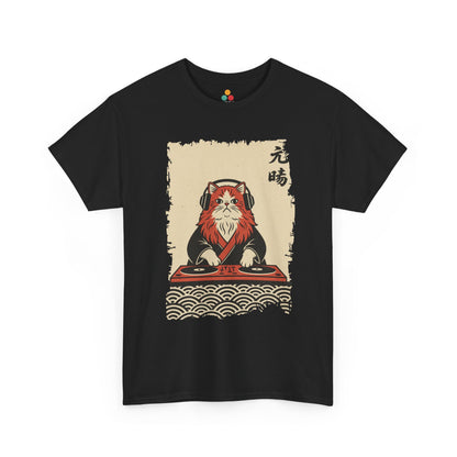 Black vintage Japanese ukiyo-e style DJ cat with turntables and waves On a black Tee shirt