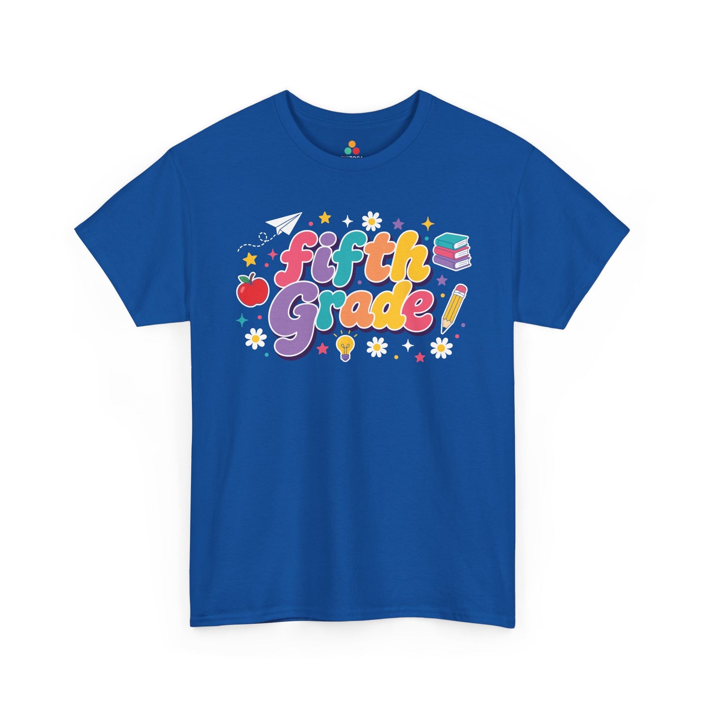 Blue t-shirt with 'Fifth Grade!' text and educational graphics on a white background. Created for coordinated educators, this TEEZOCA t-shirt uses colorful bubble lettering and stars for a set of fifth grade teacher squad shirts.