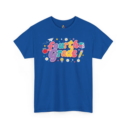 Blue t-shirt with 'Fourth Grade!' text on a white background. Created for coordinated educators, this TEEZOCA t-shirt uses colorful bubble lettering and stars for a set of fourth grade teacher squad shirts.
