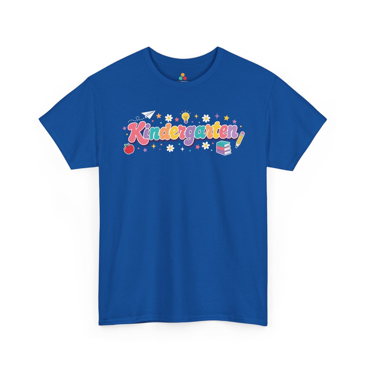 Blue t-shirt with 'Kindergarten' text and colorful graphics on a white background. Created for coordinated teams, this TEEZOCA t-shirt pairs bubbly “Kindergarten” lettering with school icons for a set of kindergarten teacher squad shirts.