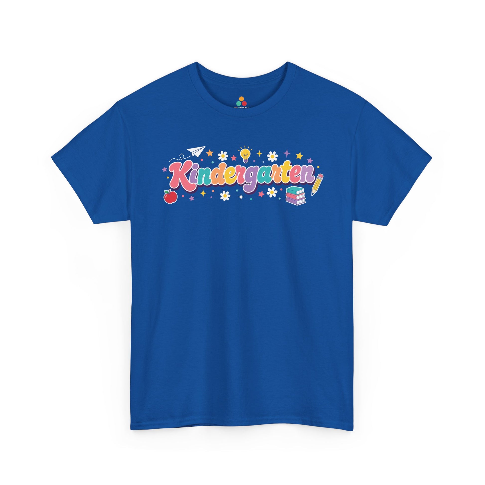 Blue t-shirt with 'Kindergarten' text and colorful graphics on a white background. Created for coordinated teams, this TEEZOCA t-shirt pairs bubbly “Kindergarten” lettering with school icons for a set of kindergarten teacher squad shirts.