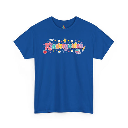 Blue t-shirt with 'Kindergarten' text and colorful graphics on a white background. Created for coordinated teams, this TEEZOCA t-shirt pairs bubbly “Kindergarten” lettering with school icons for a set of kindergarten teacher squad shirts.