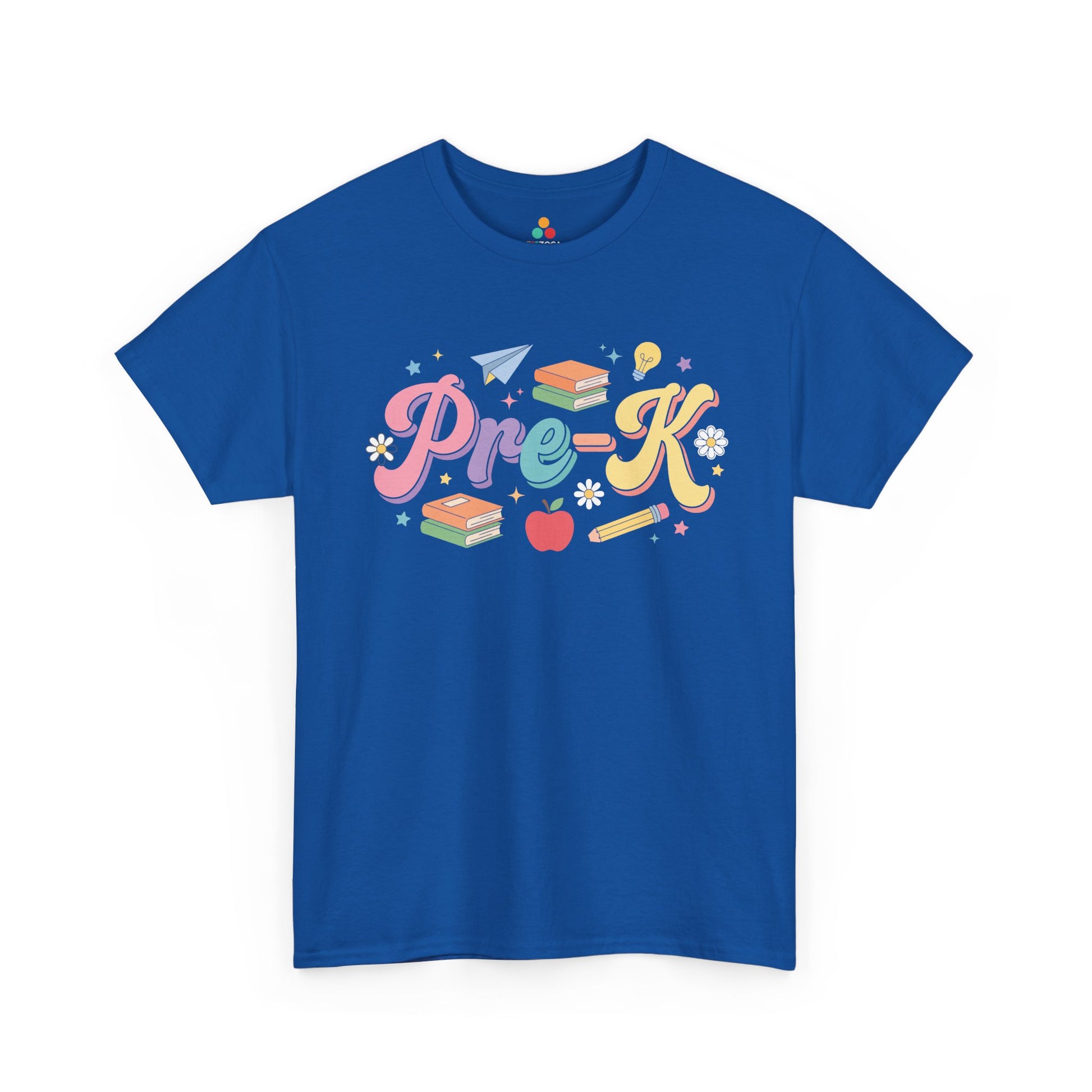 Blue t-shirt with 'Pre-K' design on a white background. For a back to school teacher shirt, this TEEZOCA t-shirt displays “Pre-K” in colorful script with a pencil, books, stars, and paper airplane.