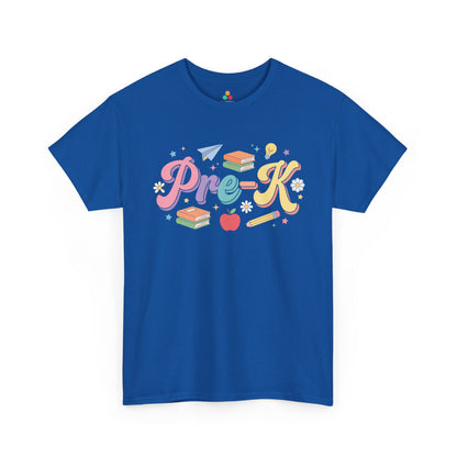 Blue t-shirt with 'Pre-K' design on a white background. For a back to school teacher shirt, this TEEZOCA t-shirt displays “Pre-K” in colorful script with a pencil, books, stars, and paper airplane.
