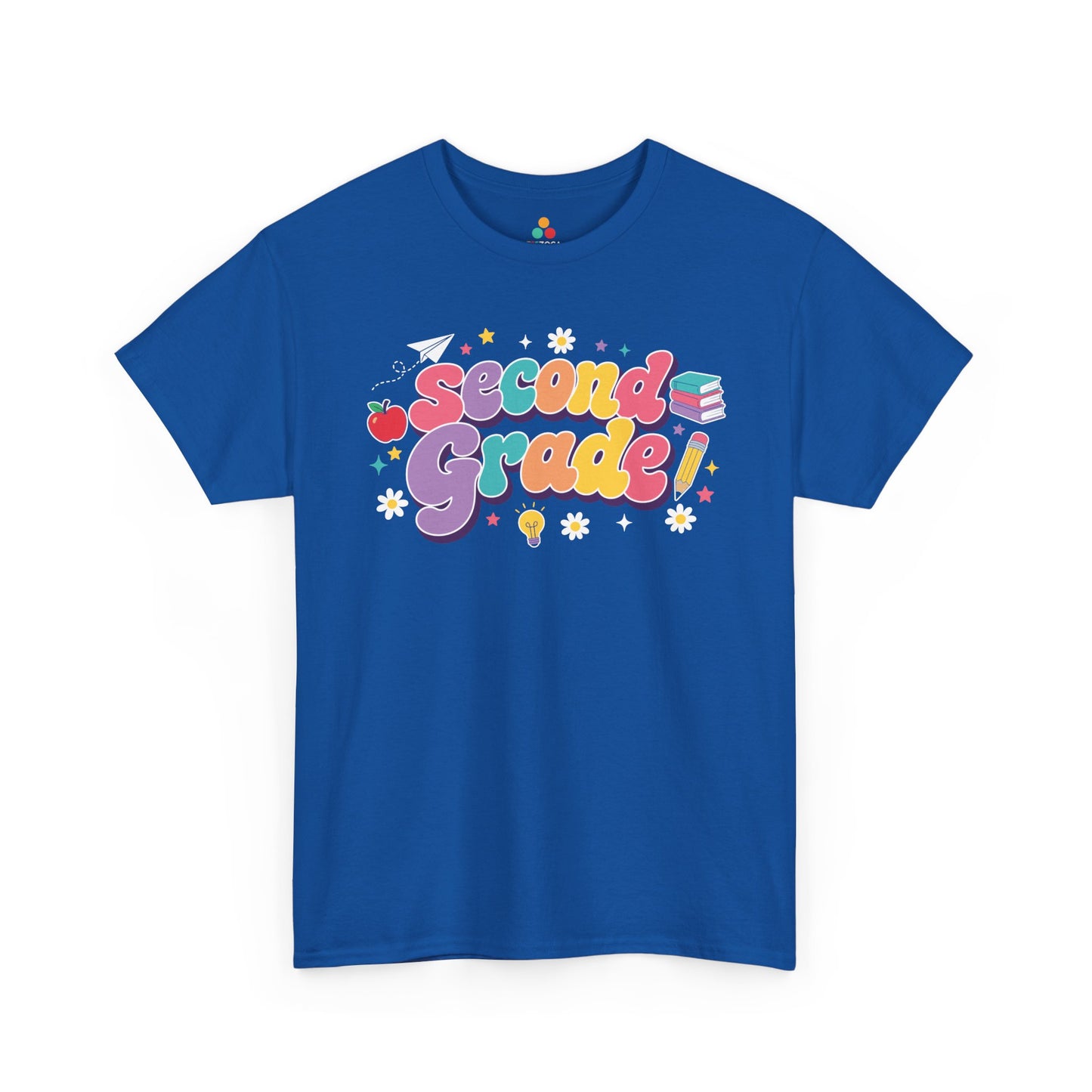 Blue t-shirt with 'Second Grade!' text on a white background. TEEZOCA t-shirt pairs bold “Second Grade” text with an apple, books, a pencil, and a light bulb for matching second grade teacher squad shirts.