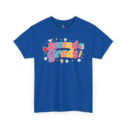Blue t-shirt with 'Second Grade!' text on a white background. TEEZOCA t-shirt pairs bold “Second Grade” text with an apple, books, a pencil, and a light bulb for matching second grade teacher squad shirts.