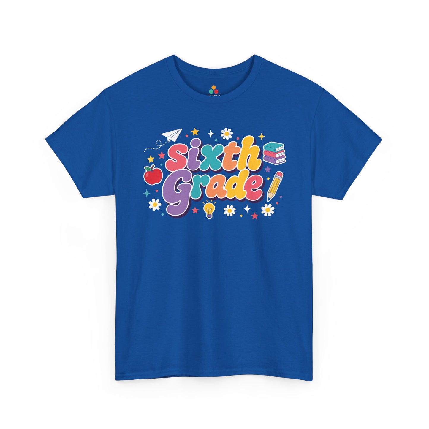 Blue t-shirt with 'Sixth Grade!' text and graphics on a white background. Created for coordinated educators, this TEEZOCA t-shirt uses colorful bubble lettering and stars for a set of sixth grade teacher squad shirts.