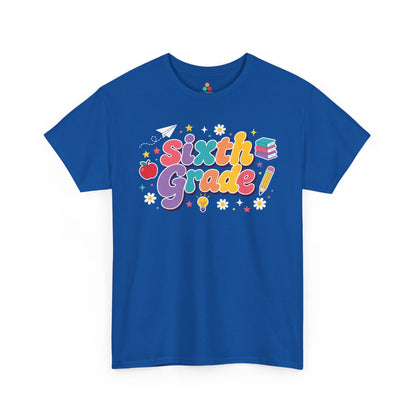 Blue t-shirt with 'Sixth Grade!' text and graphics on a white background. Created for coordinated educators, this TEEZOCA t-shirt uses colorful bubble lettering and stars for a set of sixth grade teacher squad shirts.