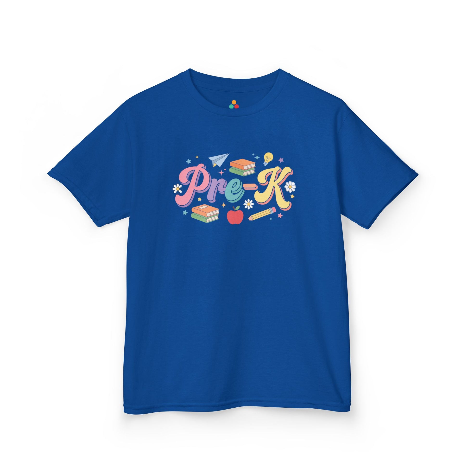 Blue t-shirt with colorful 'Pre-K' design on a white background. TEEZOCA t-shirt showing books, a light bulb, pencil, apple, and pastel lettering for Pre-K Shirts for Boys.