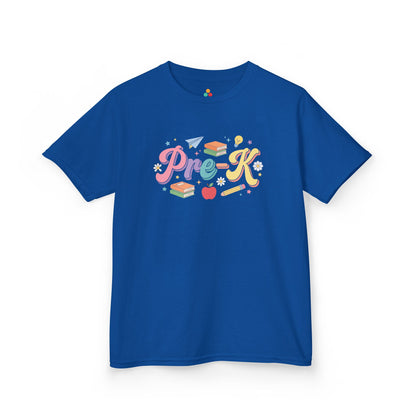 Blue t-shirt with colorful 'Pre-K' design on a white background. TEEZOCA t-shirt showing books, a light bulb, pencil, apple, and pastel lettering for Pre-K Shirts for Boys.