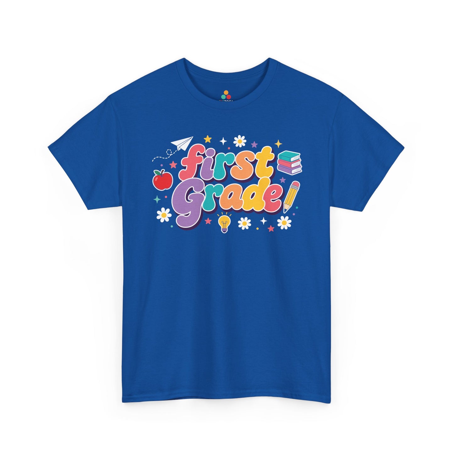Blue t-shirt with 'first Grade!' text and graphics on a white background. Created for coordinated educators, this TEEZOCA t-shirt uses colorful bubble lettering and stars for a set of first grade teacher squad shirts.