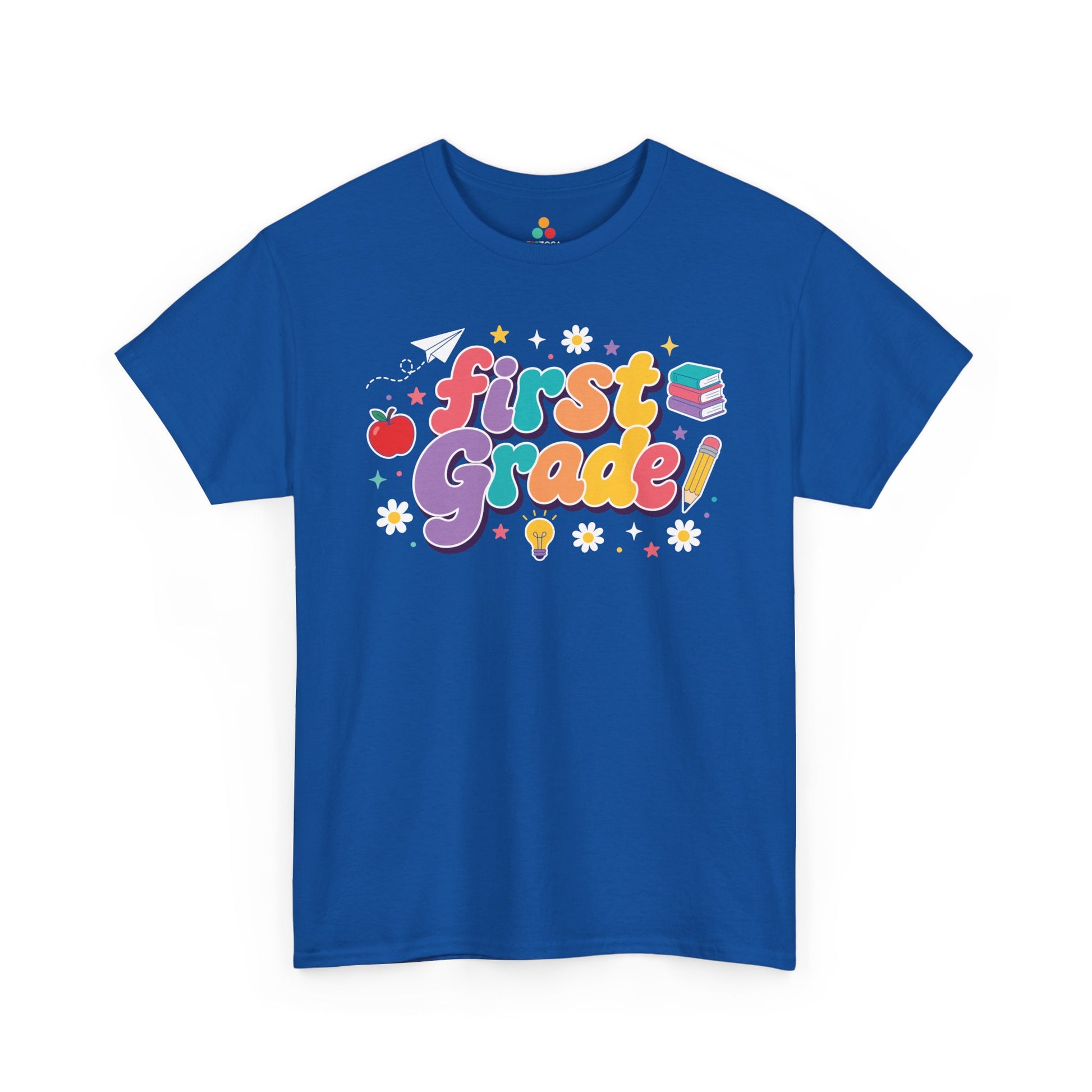 Blue t-shirt with 'first Grade!' text and graphics on a white background. Created for coordinated educators, this TEEZOCA t-shirt uses colorful bubble lettering and stars for a set of first grade teacher squad shirts.