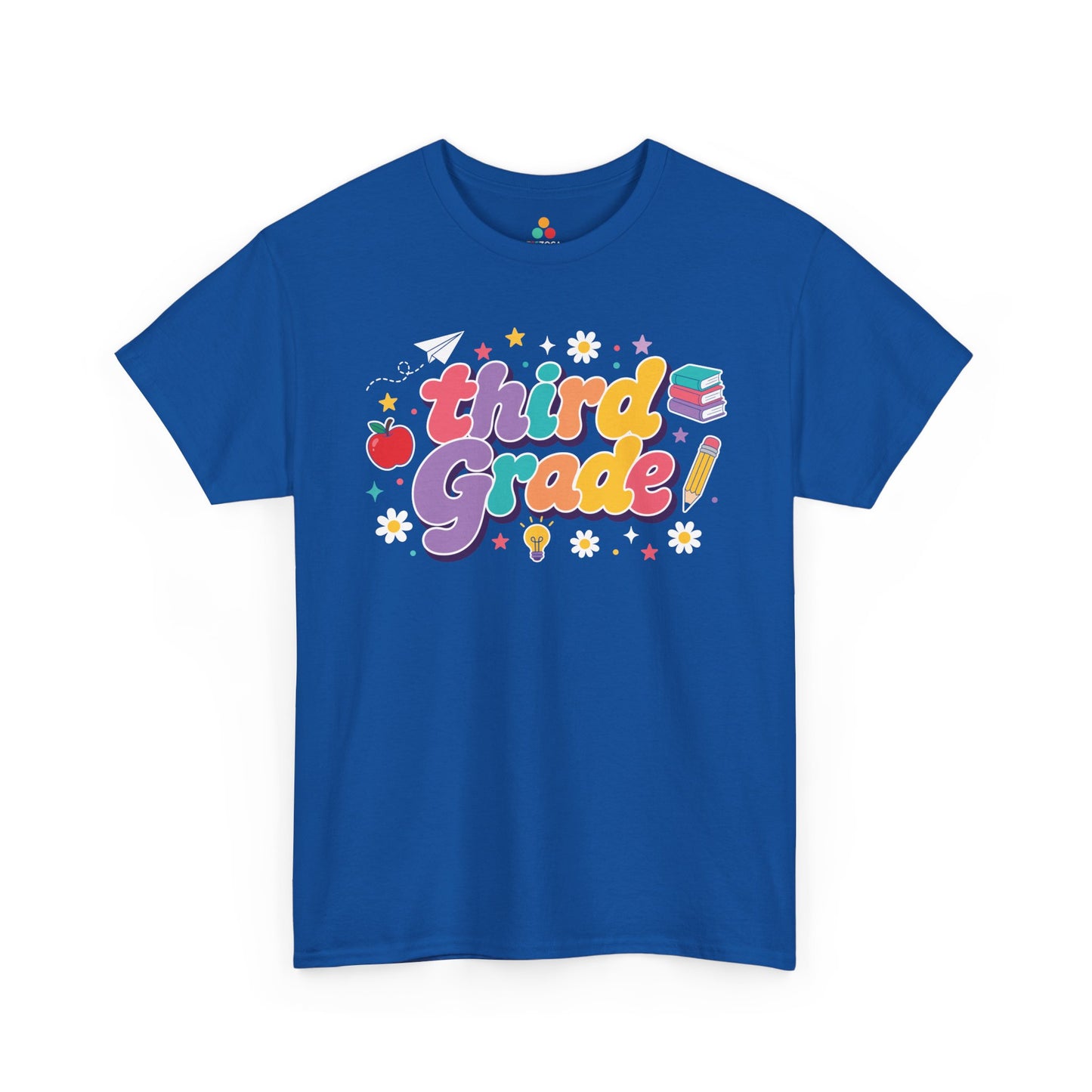 Blue t-shirt with 'third Grade!' text and educational graphics on a white background. Created for coordinated educators, this TEEZOCA t-shirt uses colorful bubble lettering and stars for a set of third grade teacher squad shirts.