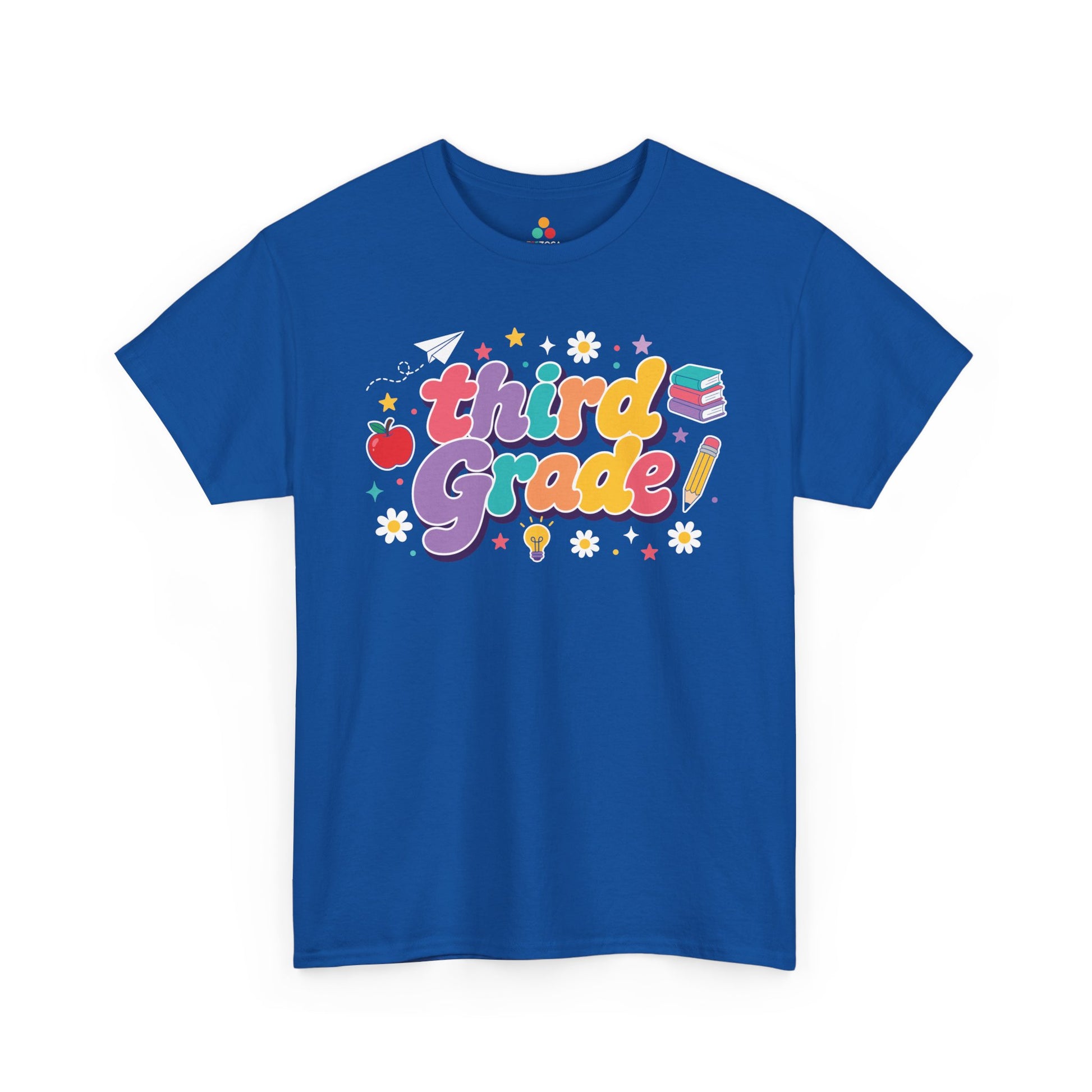 Blue t-shirt with 'third Grade!' text and educational graphics on a white background. Created for coordinated educators, this TEEZOCA t-shirt uses colorful bubble lettering and stars for a set of third grade teacher squad shirts.
