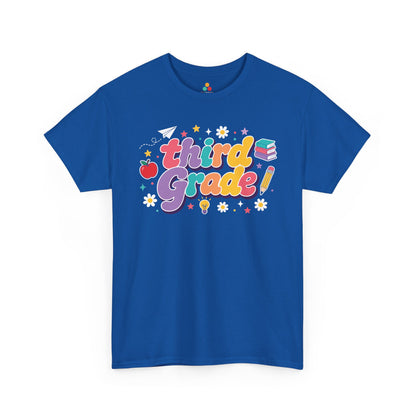 Blue t-shirt with 'third Grade!' text and educational graphics on a white background. Created for coordinated educators, this TEEZOCA t-shirt uses colorful bubble lettering and stars for a set of third grade teacher squad shirts.
