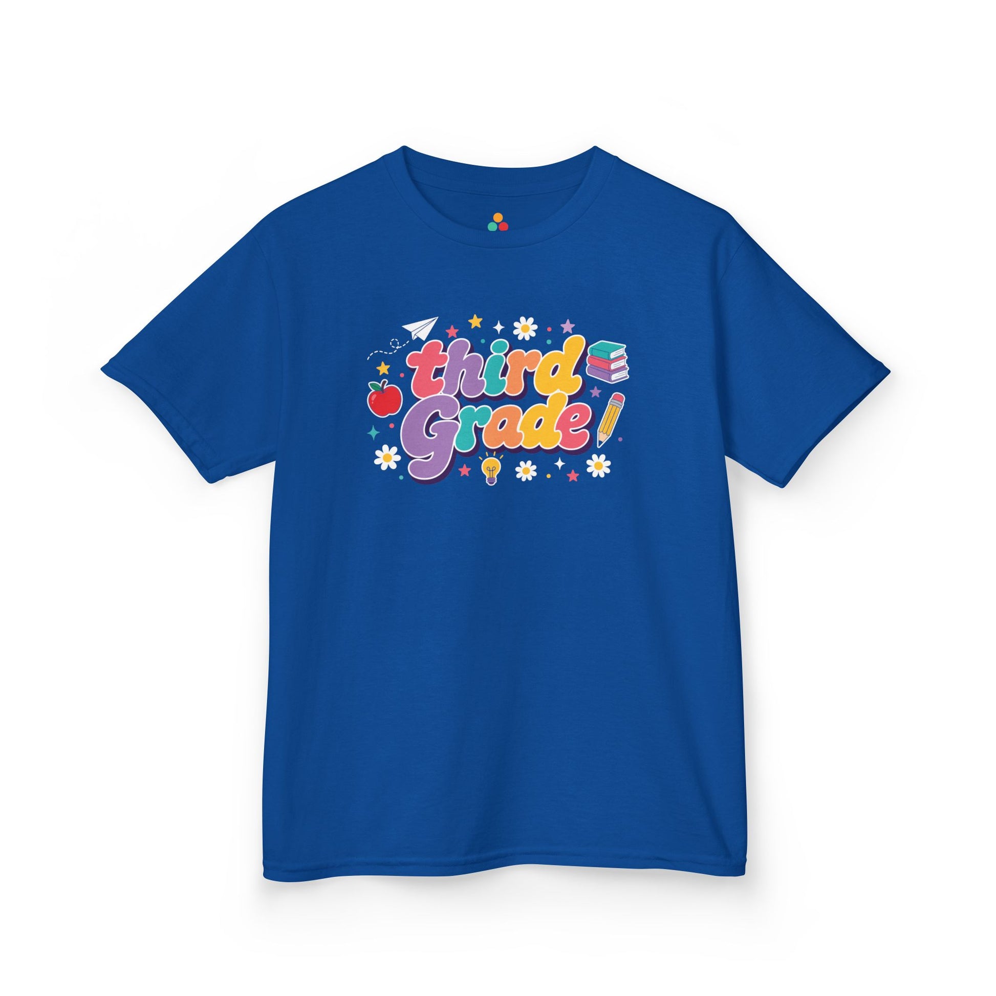 Blue t-shirt with 'third Grade!' text and graphics on a white background. TEEZOCA t-shirt showing a paper airplane, light bulb, apple, books, and stars for a 3rd Grade Shirt for Boys.