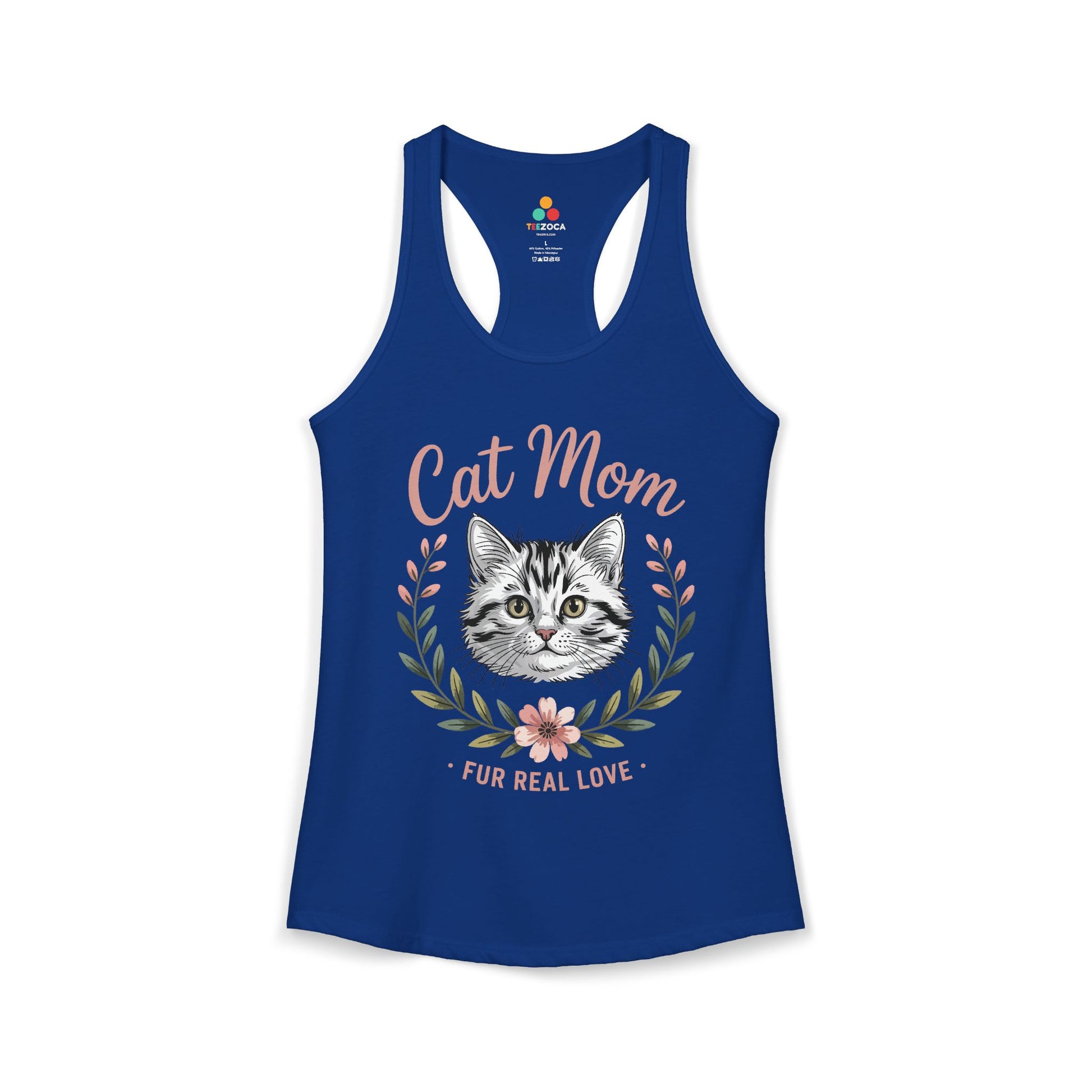 Blue tank top with a cat mom design on a white background. TEEZOCA women’s tank top for cat lovers featuring elegant cat face design