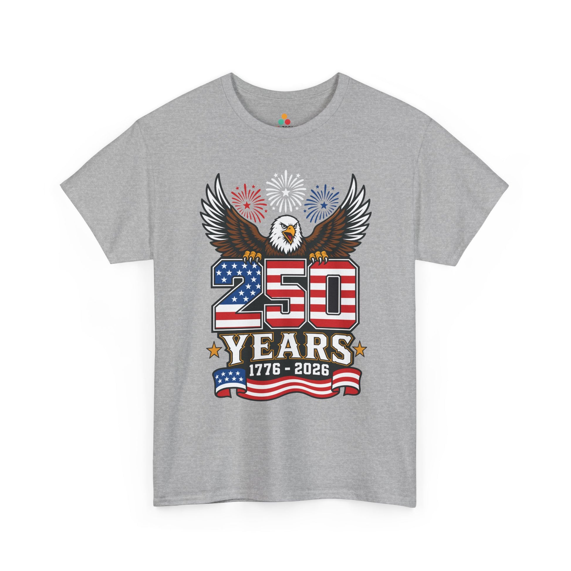 Bold 4th of July T-shirt by TEEZOCA with a bald eagle, fireworks, 250 years text, and patriotic flag banner.
