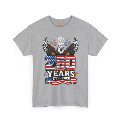 Bold 4th of July T-shirt by TEEZOCA with a bald eagle, fireworks, 250 years text, and patriotic flag banner.
