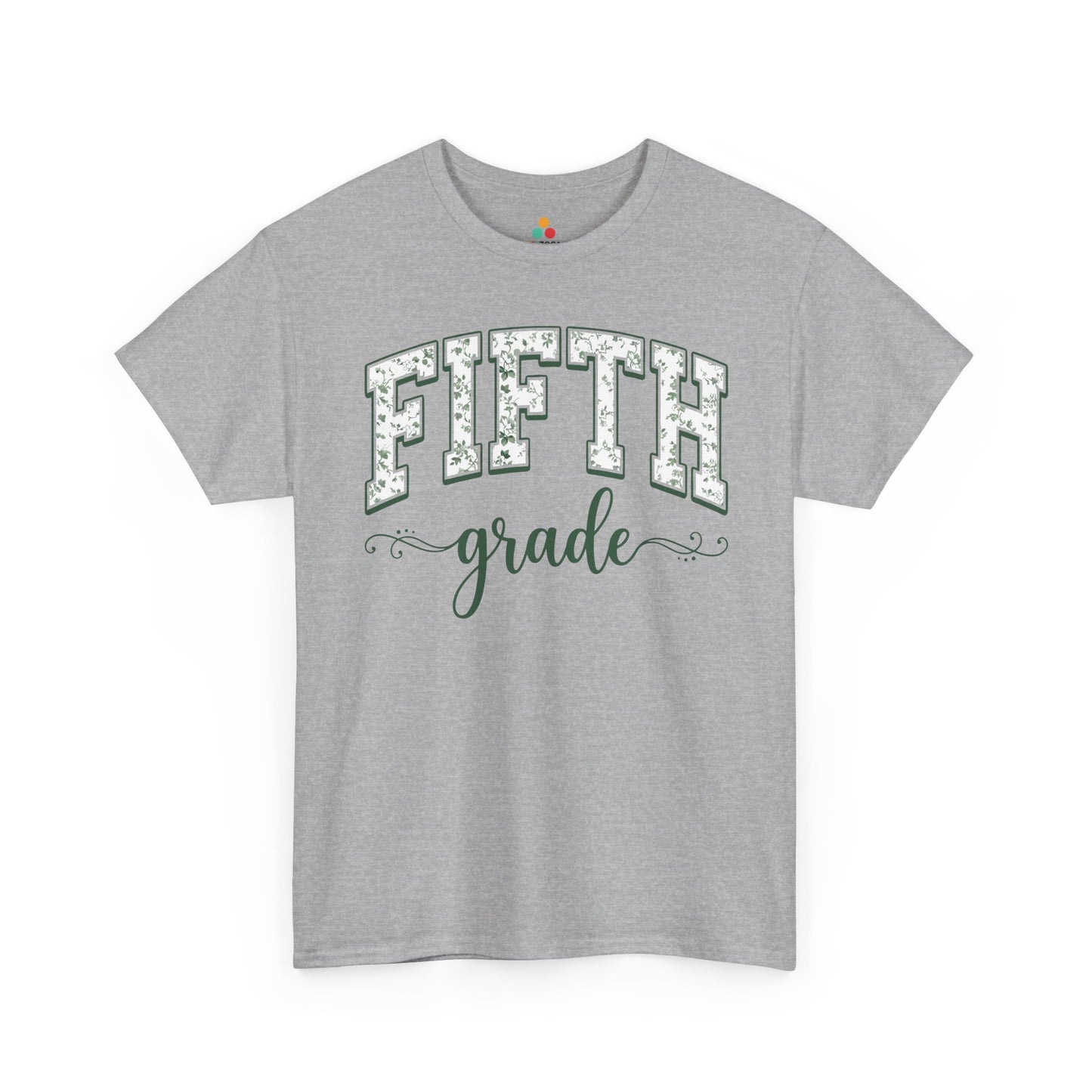 Botanical gray fifth grade teacher shirt by TEEZOCA with hand-lettered script and a soft eucalyptus-green palette.

