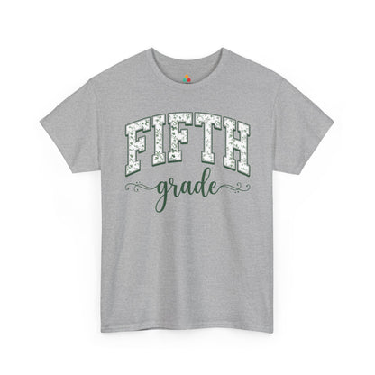 Botanical gray fifth grade teacher shirt by TEEZOCA with hand-lettered script and a soft eucalyptus-green palette.
