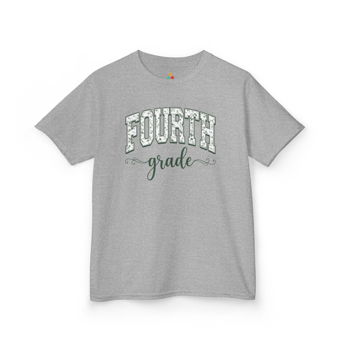 Botanical gray fourth grade shirt for kids by TEEZOCA with hand-lettered script and a soft eucalyptus-green palette.
