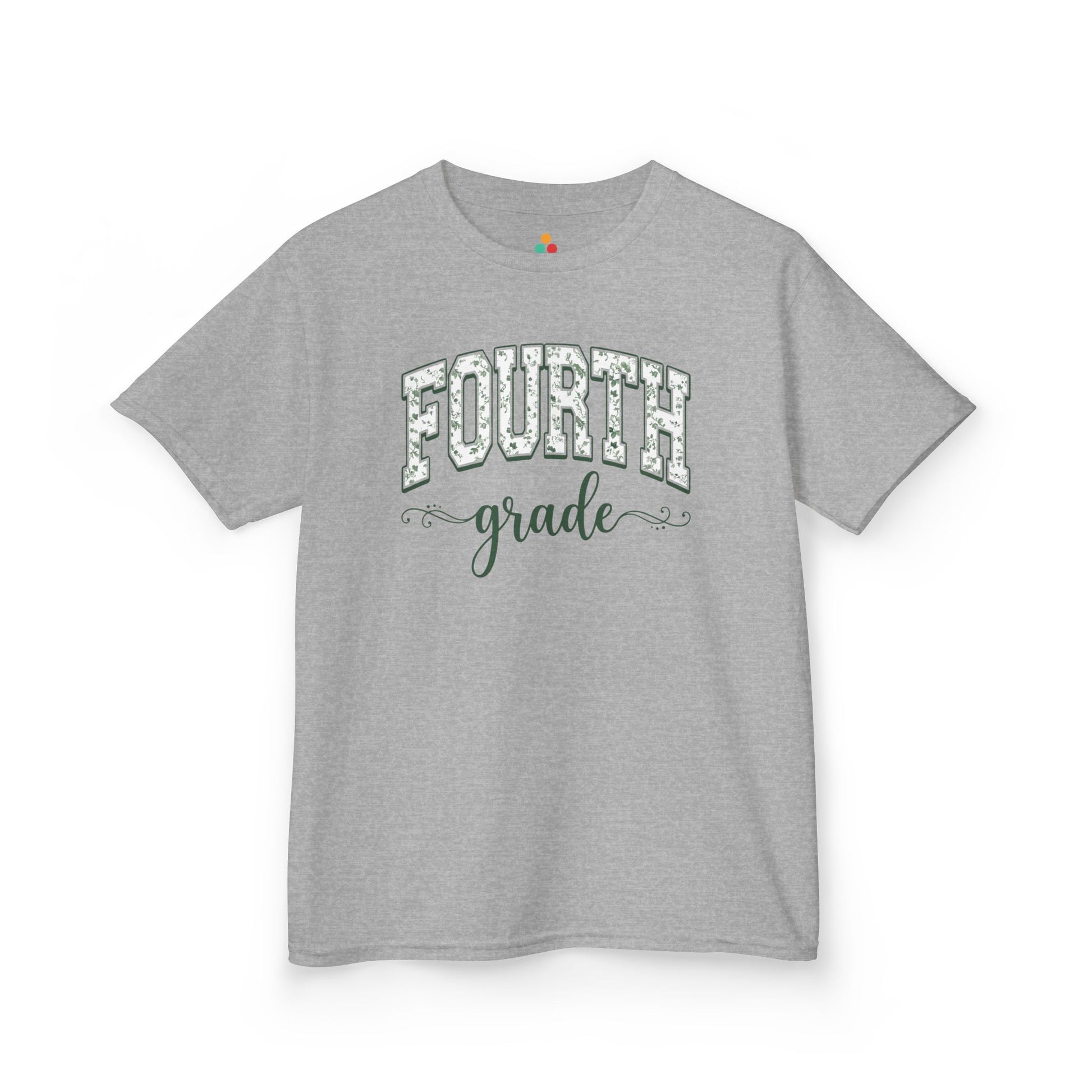 Botanical gray fourth grade shirt for kids by TEEZOCA with hand-lettered script and a soft eucalyptus-green palette.
