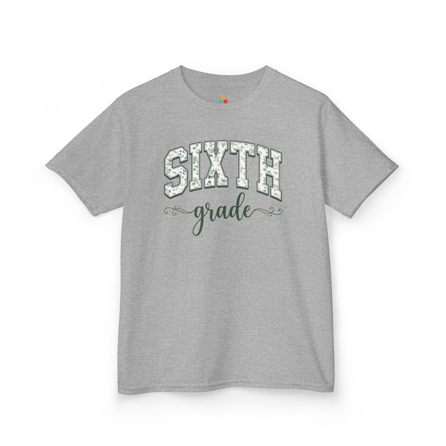 Botanical gray sixth grade shirt for kids by TEEZOCA with hand-lettered script and a soft eucalyptus-green palette.
