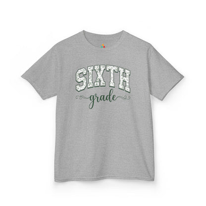 Botanical gray sixth grade shirt for kids by TEEZOCA with hand-lettered script and a soft eucalyptus-green palette.
