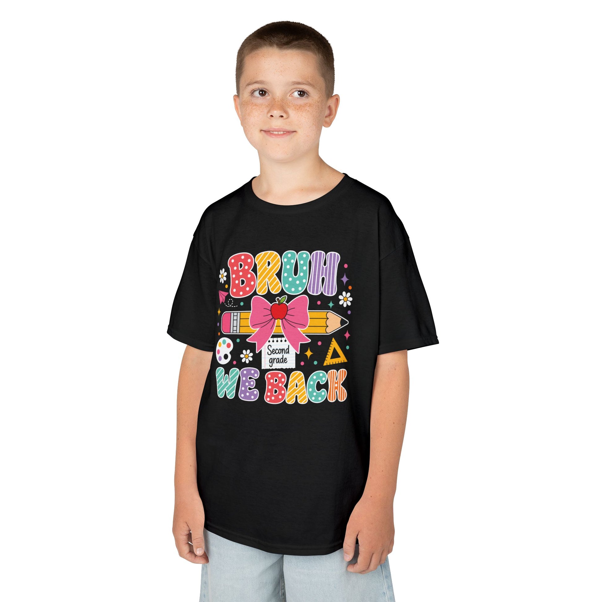 Boy wearing a black TEEZOCA Bruh We Back Second Grade kids t-shirt, a funny back to school shirt.
