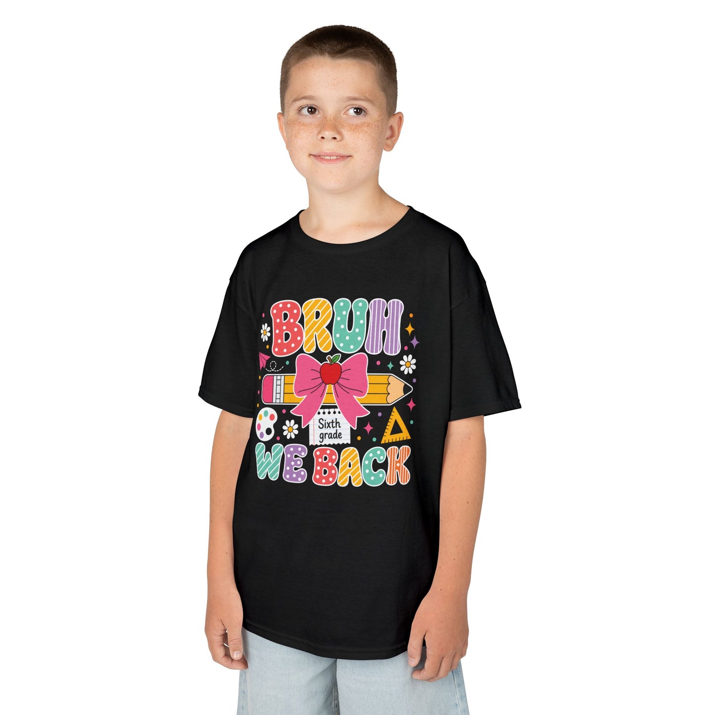 Boy wearing a black TEEZOCA Bruh We Back Sixth Grade kids t-shirt, a funny back to school shirt.
