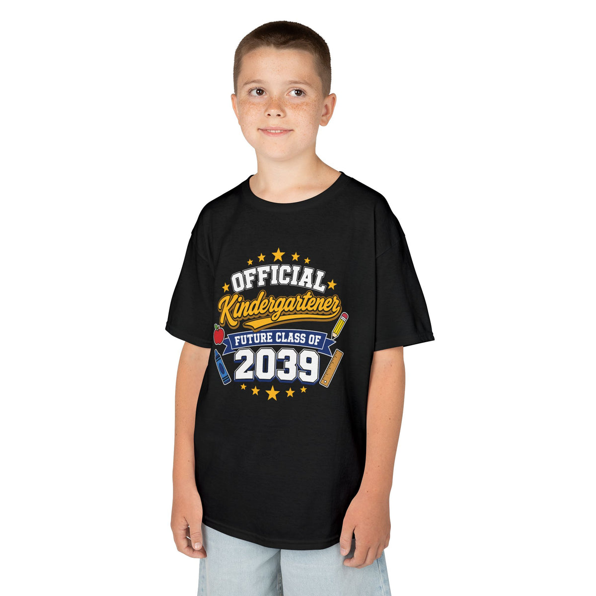 Boy wearing a black TEEZOCA Future Class of 2039 kids t-shirt, a cute back to school keepsake shirt for a new kindergartener.
