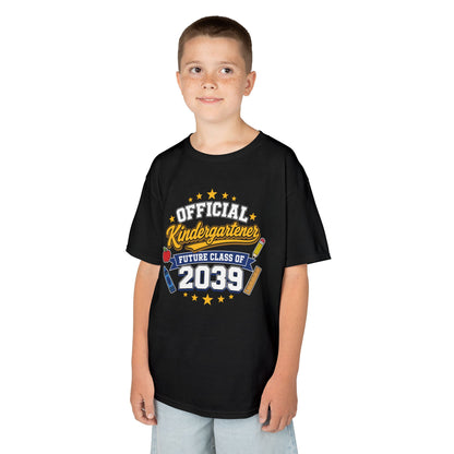 Boy wearing a black TEEZOCA Future Class of 2039 kids t-shirt, a cute back to school keepsake shirt for a new kindergartener.
