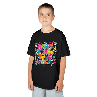 Boy wearing a black TEEZOCA Happy to See Your Face kids t-shirt, a cute back to school shirt for the first day.
