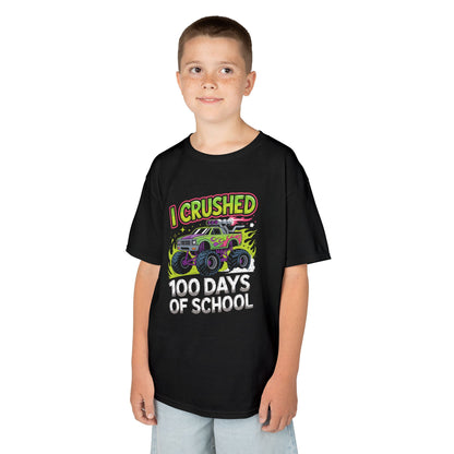 Boy wearing a black TEEZOCA “I Crushed 100 Days Of School” 100th day monster truck shirt.