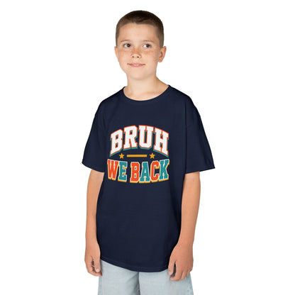 Boy wearing a navy TEEZOCA Bruh We Back kids t-shirt, a funny varsity back to school shirt.

