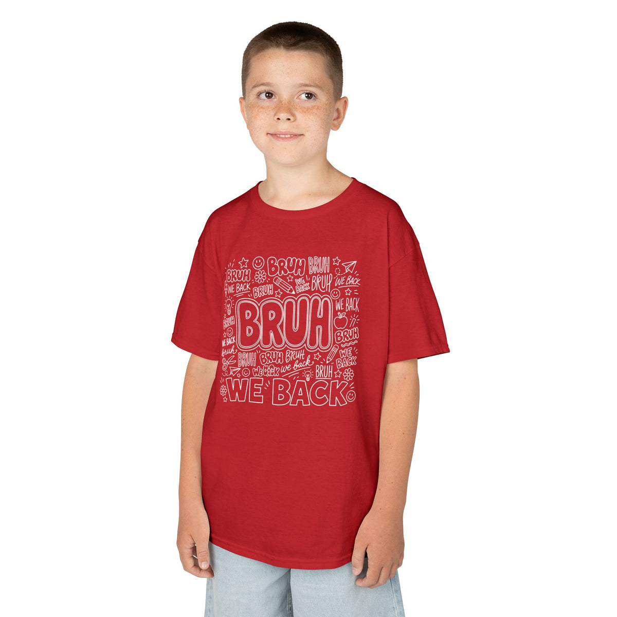 Boy wearing a red TEEZOCA Bruh We Back doodle kids t-shirt, a funny back to school shirt.
