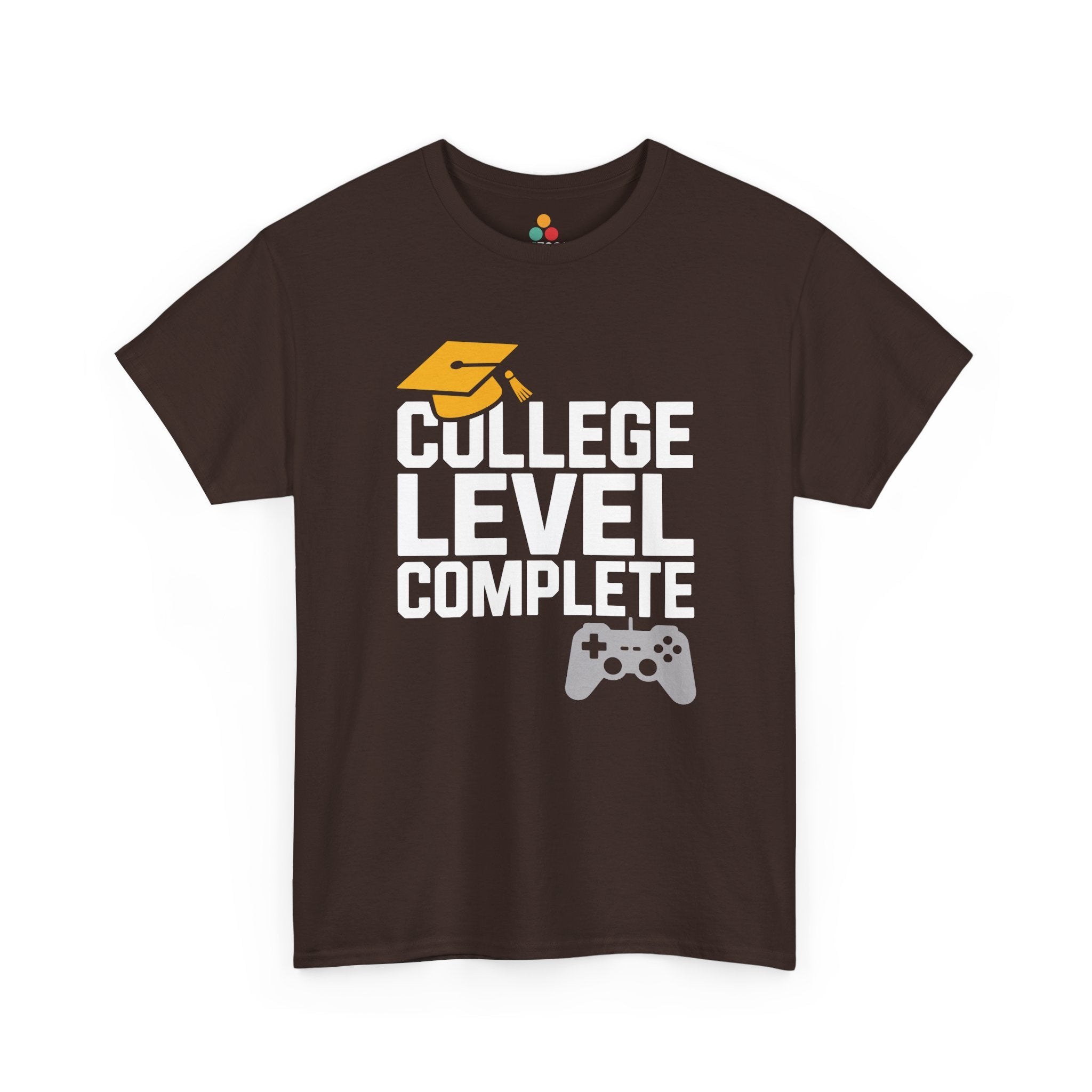 Brown TEEZOCA t-shirt featuring the College Level Complete design displayed flat