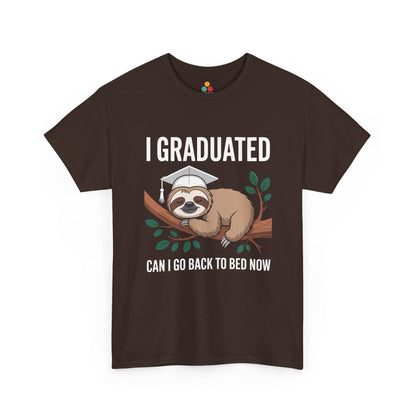 Brown TEEZOCA t‑shirt featuring the sloth I Graduated Can I Go Back To Bed Now design displayed flat.