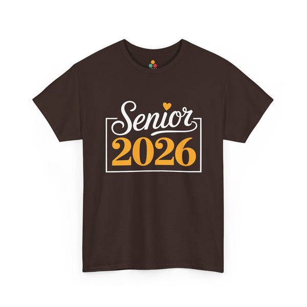 Brown TEEZOCA t-shirt featuring the white and yellow Senior 2026 design displayed flat