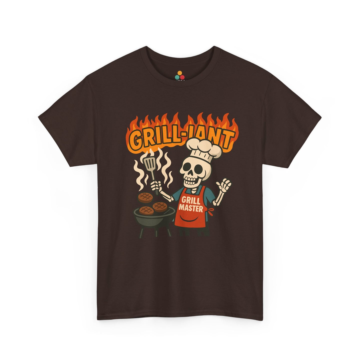 Brown t-shirt with a skull graphic and 'GRILL-ION' text on a white background