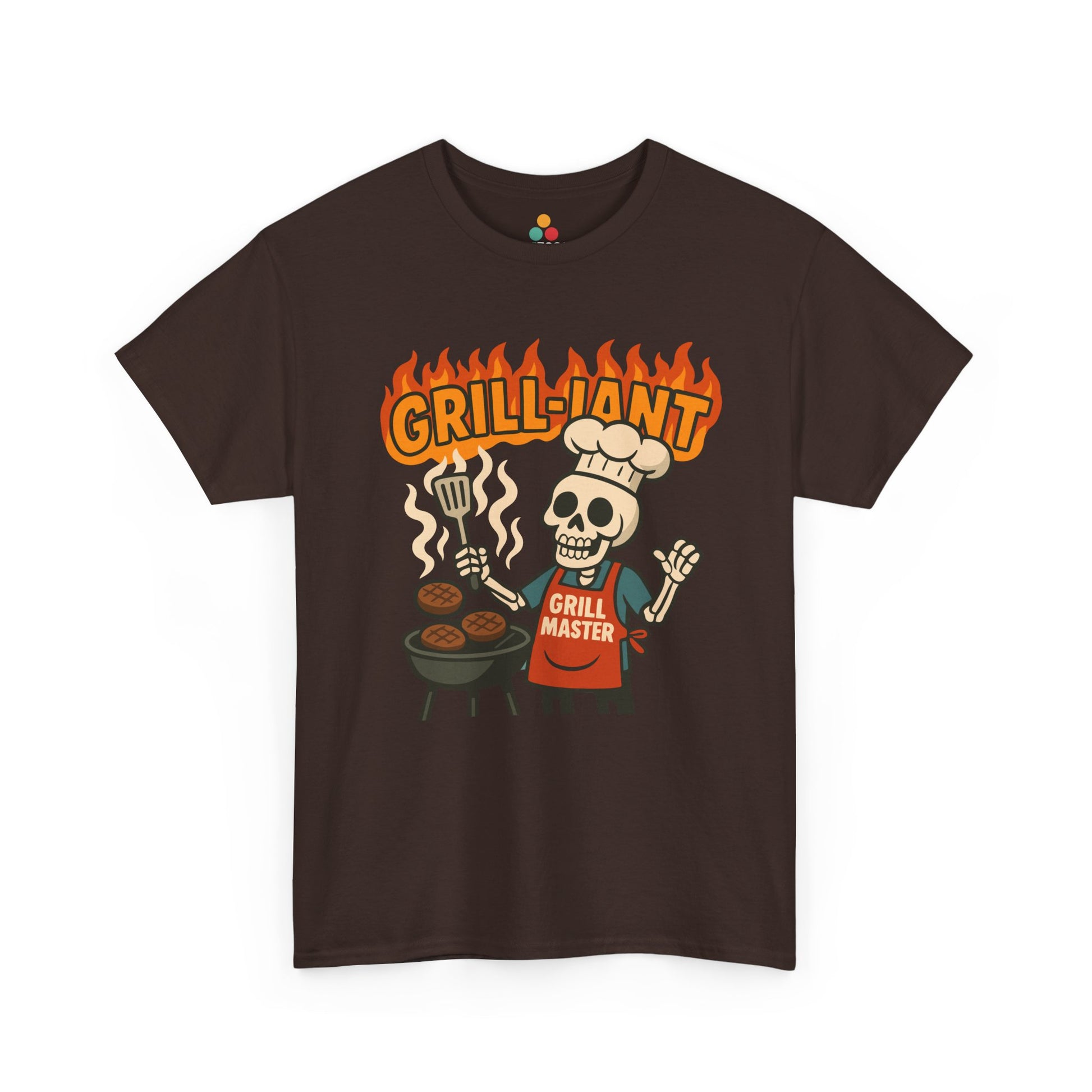 Brown t-shirt with a skull graphic and 'GRILL-ION' text on a white background