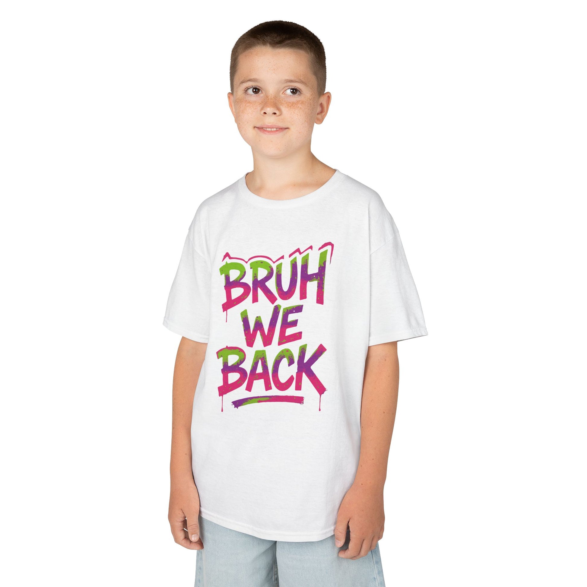 Bruh We Back Neon Graffiti Street Style Kids T-shirt | TEEZOCA pink green purple graffiti text Kids T-shirt

