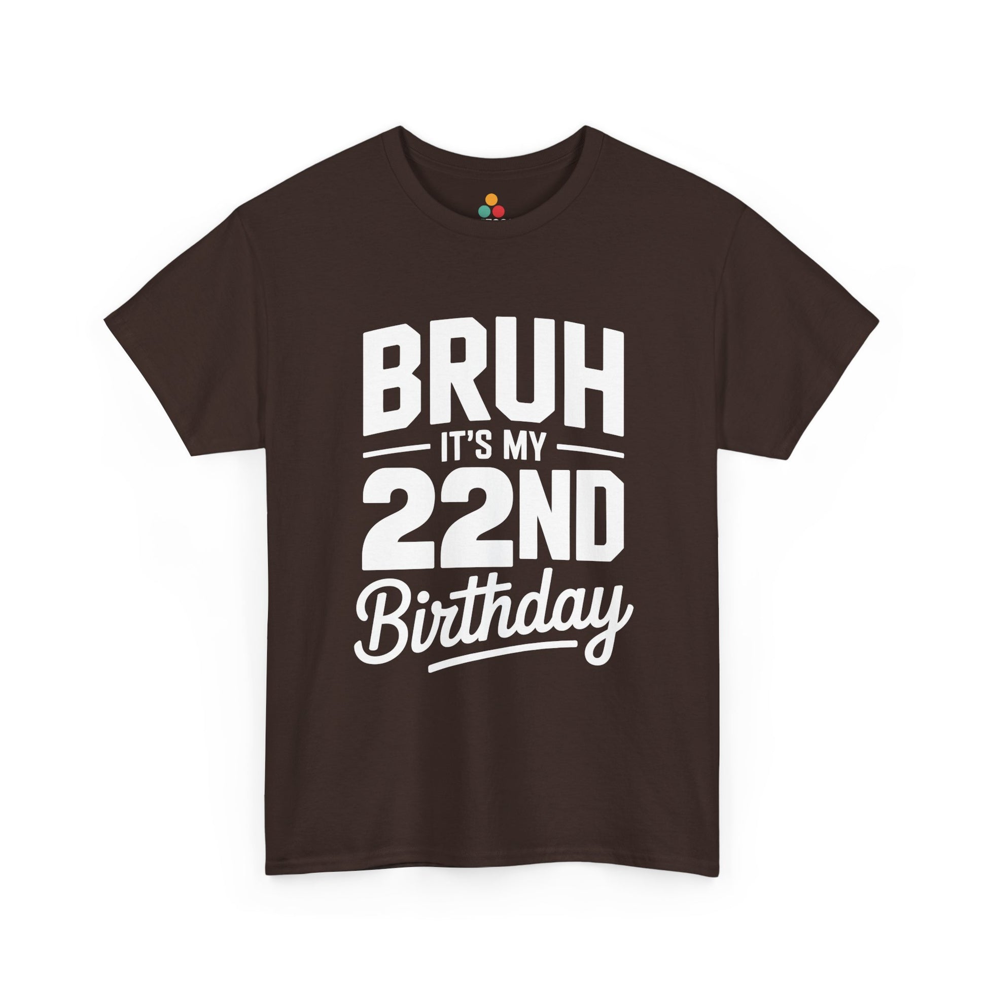 Bruh it’s my 22nd birthday typography design with bold block letters and script “Birthday”.​ Brown t-shirt

