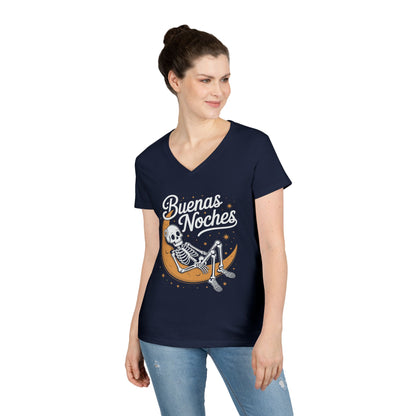Buenas Noches Skeleton Moon Night Art Aesthetic V-Neck T-Shirt | TEEZOCA 