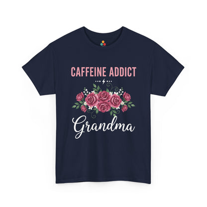 Caffeine Addict Grandma Navy Blue T‑Shirt – Funny Coffee Lover Floral Tee | TEEZOCA 