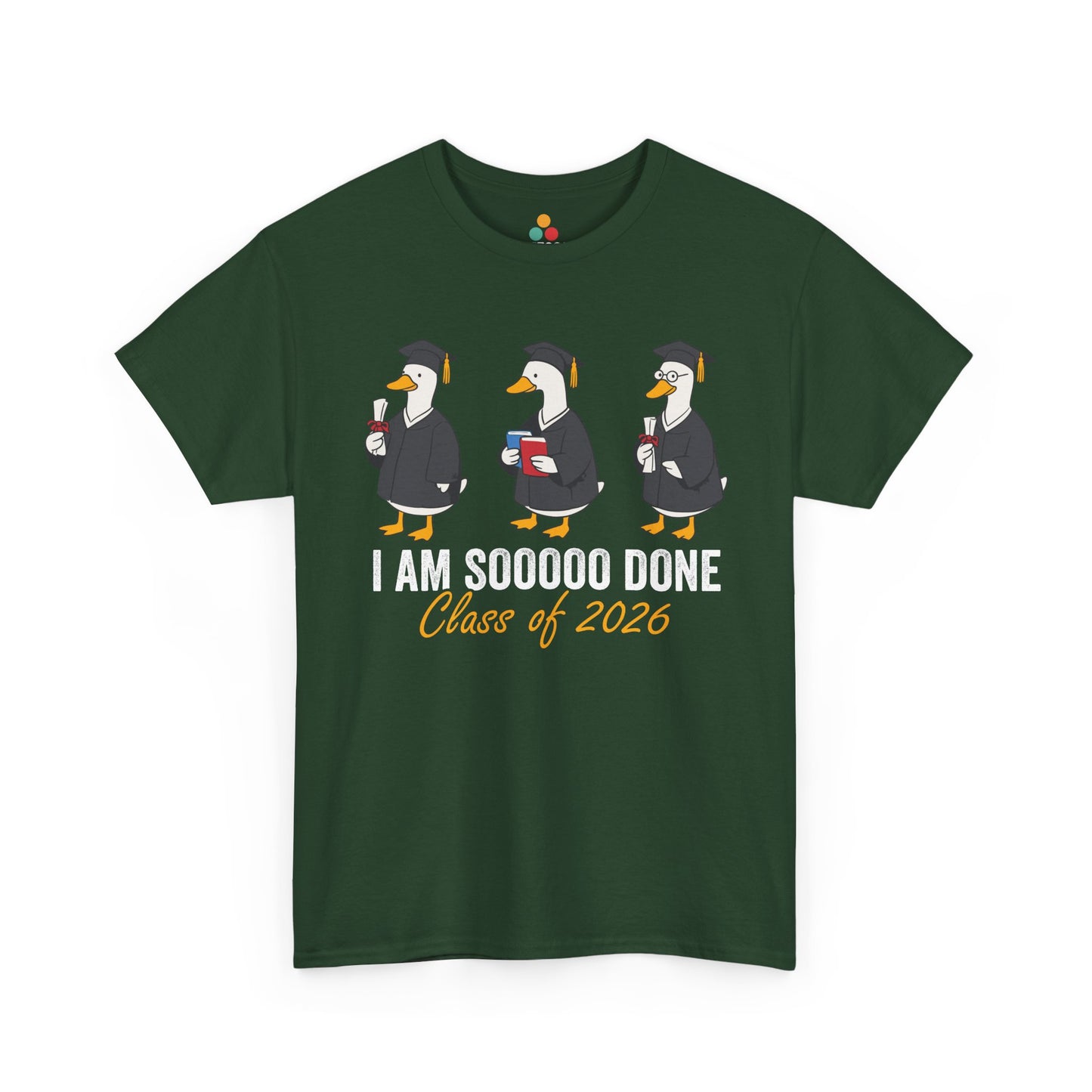 Cartoon graduation shirt by TEEZOCA with three geese in caps and robes for Class of 2026 celebration humor.
