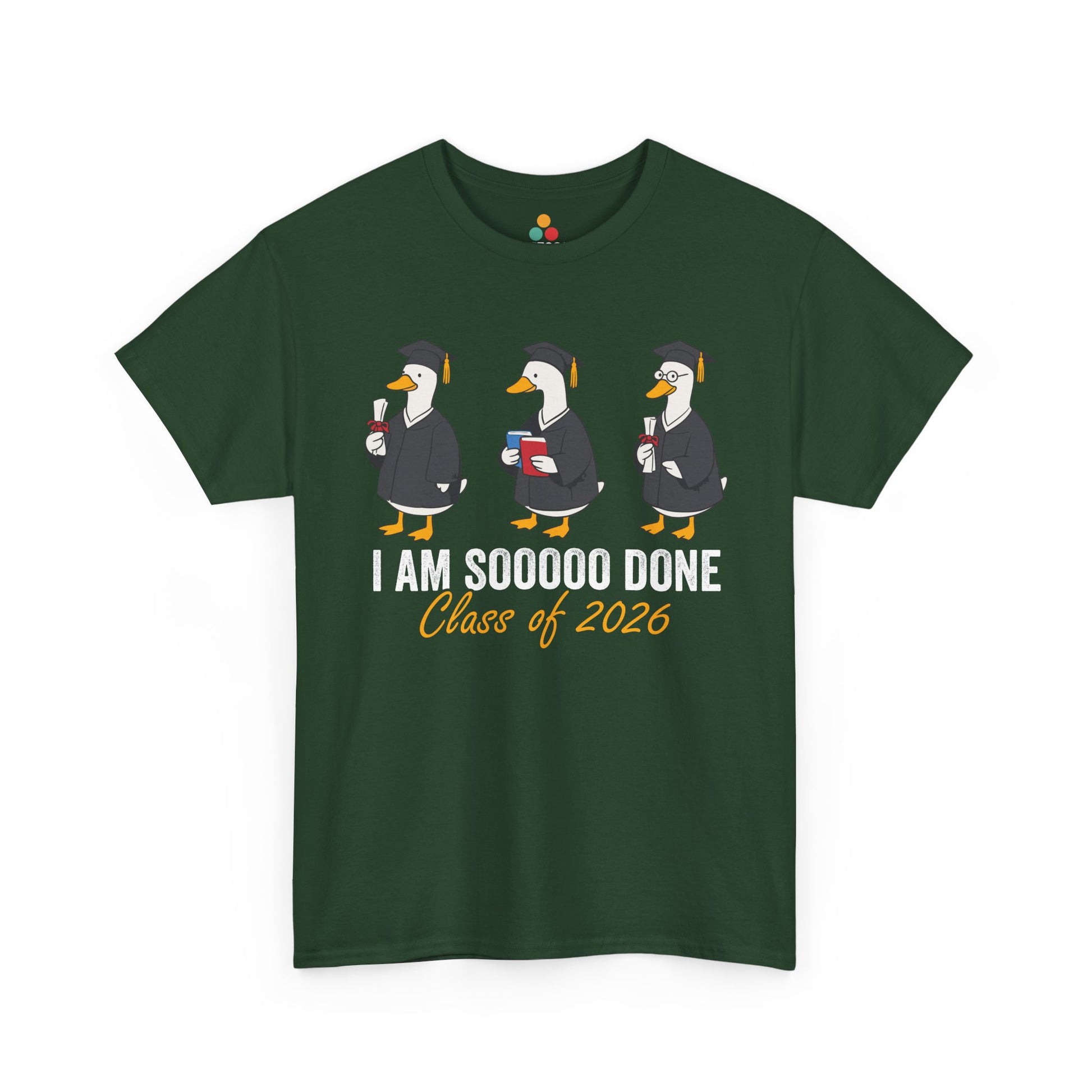 Cartoon graduation shirt by TEEZOCA with three geese in caps and robes for Class of 2026 celebration humor.
