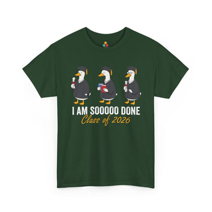 Cartoon graduation shirt by TEEZOCA with three geese in caps and robes for Class of 2026 celebration humor.

